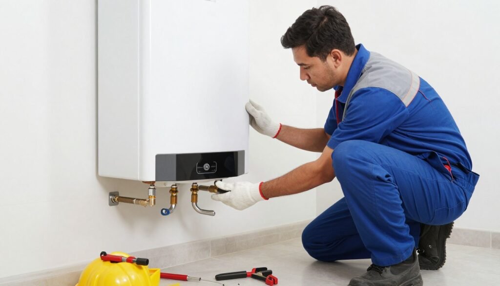 فني صيانة السخانات في الكويت يقوم بفحص سخان المياه