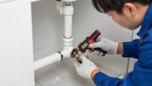 فني متخصص يقوم بإصلاح تسرب المياه