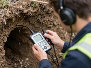 فني يستخدم جهاز كشف خرير المياه بالصوت