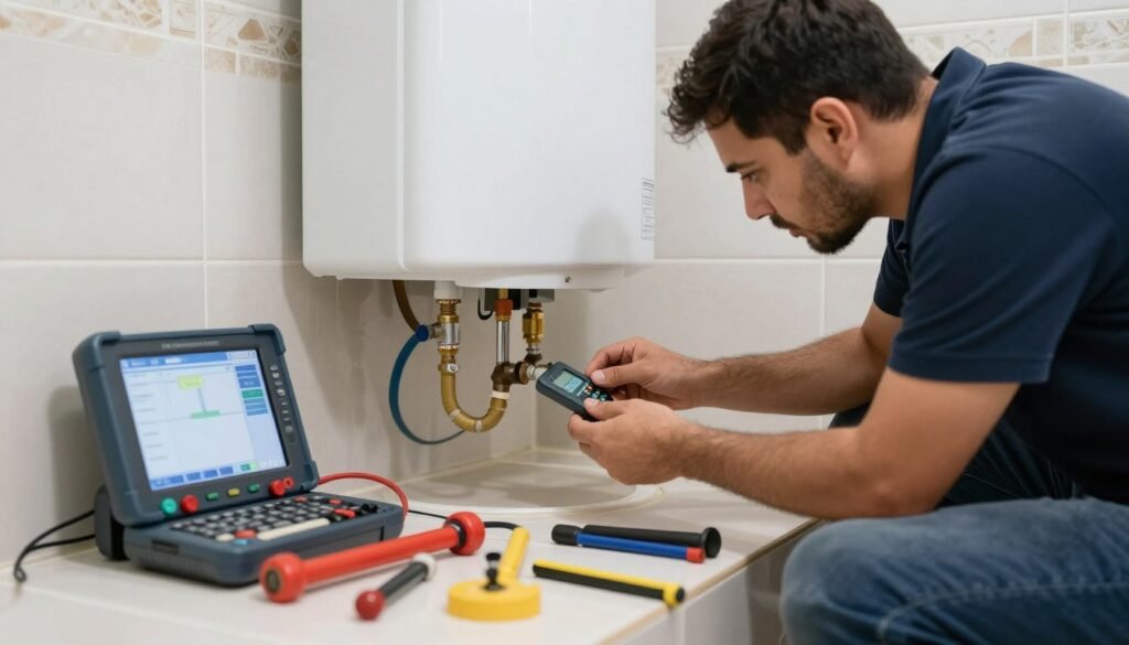 فني يقوم بتصليح سخان مياه تالف في الكويت