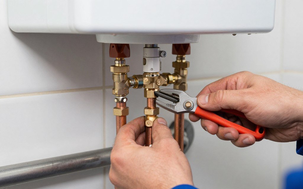 فني يقوم بتوصيل أنابيب سخان مركزي