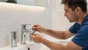 سباك العدان يقوم بتركيب أدوات صحية حديثة في حمام جديد