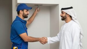 عميل راضي بعد إتمام خدمة السباكة بنجاح عميل راضي بعد إتمام خدمة السباكة بنجاح