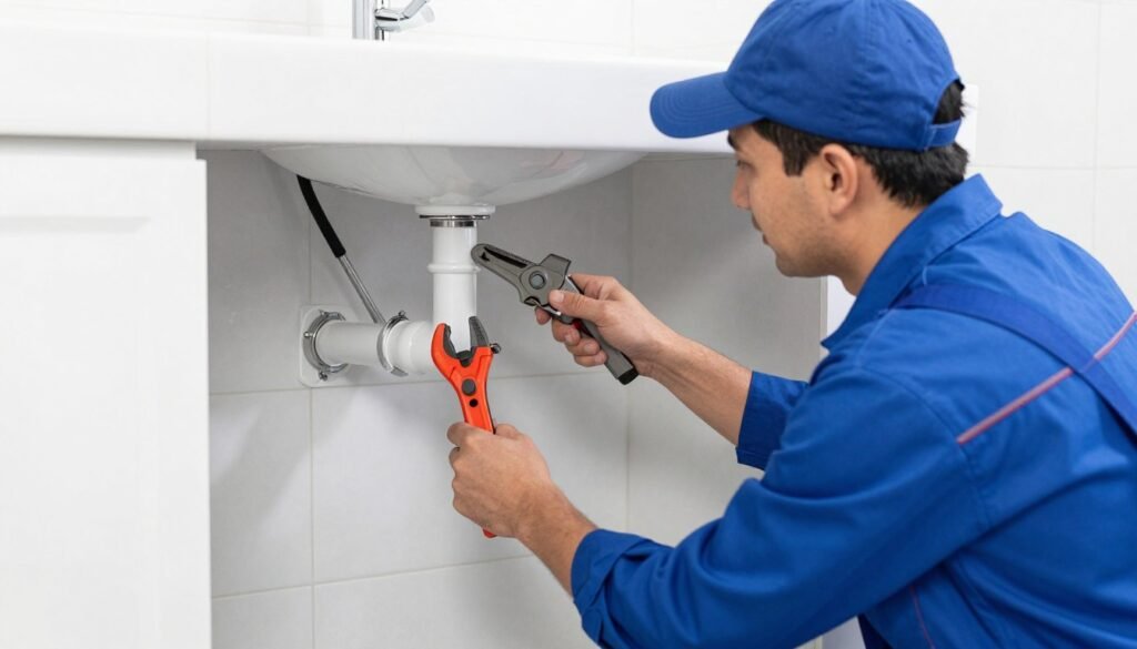 فني صحي العدان يعمل على إصلاح نظام السباكة في منزل حديث