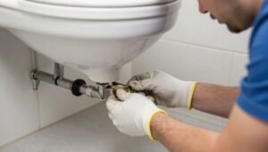 فني صحي يقوم بإصلاح مرحاض فني صحي يقوم بإصلاح مرحاض