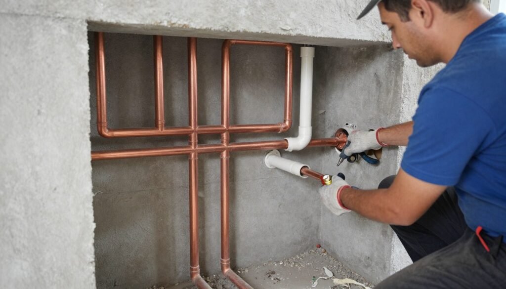 تمديدات صحية حديثة قيد التركيب في مبنى سكني بالكويت