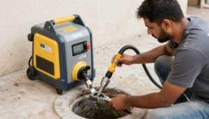 سباك الكويت يعمل على تسليك مجاري باستخدام معدات متطورة