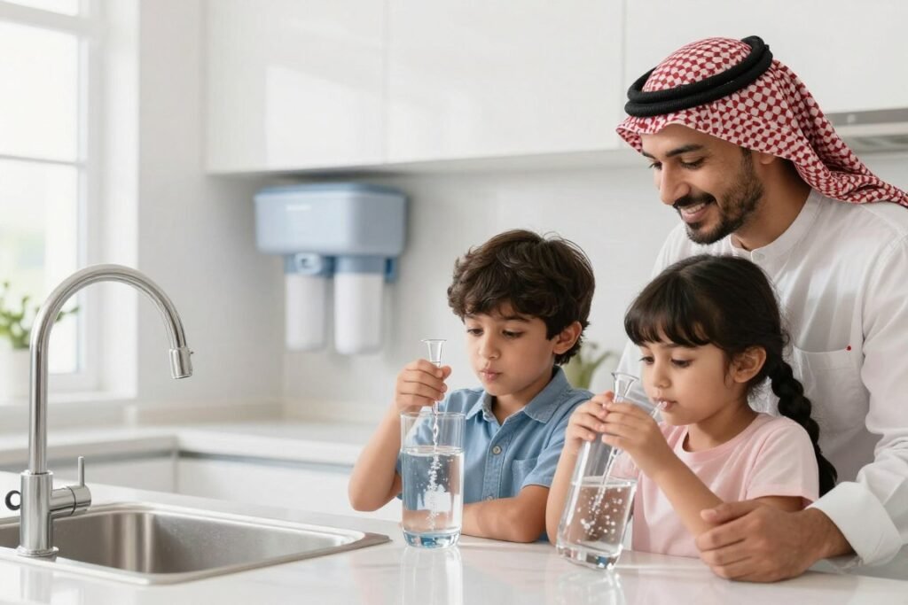 عائلة كويتية تشرب مياه نقية من فلتر مياه منزلي