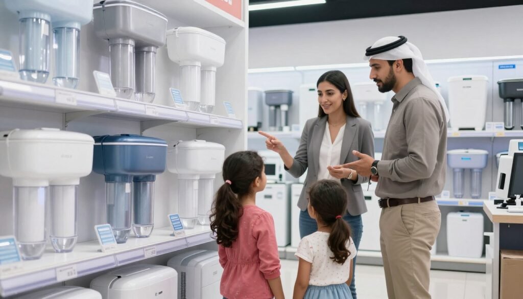 عائلة كويتية تفحص خيارات فلاتر مياه مختلفة في متجر