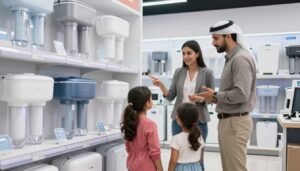 عائلة كويتية تفحص خيارات فلاتر مياه مختلفة في متجر