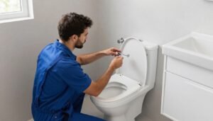 فني صحي يقوم بتركيب الأدوات الصحية الحديثة في حمام جديد