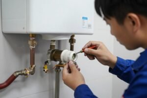 فني يفحص ويصلح سخان المياه المعطل