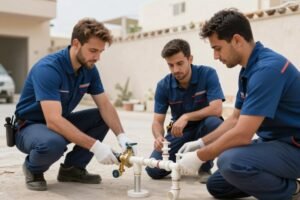فريق شركة تسليك مجاري في موقع العمل