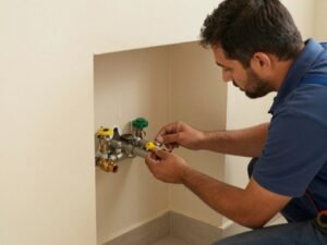 فني صحي يعمل على تمديدات المياه في الجهراء
